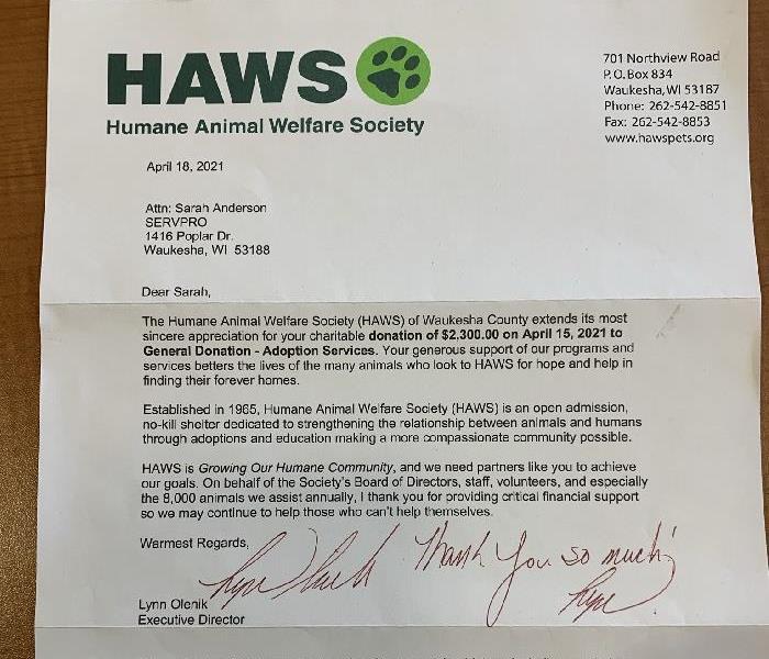 Thank you letter from HAWS to SERVPRO