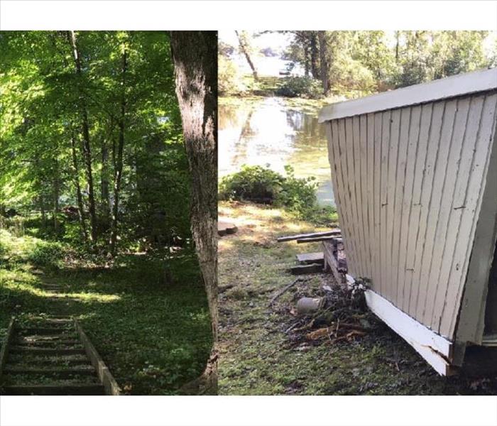 Two photos sit side by side. One is a path to a shed and the other is the demolished shed