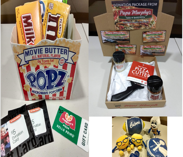 Collage of 3 photos showing different items to be raffled, including movie passes, pizza parties, Culvers gift certificates