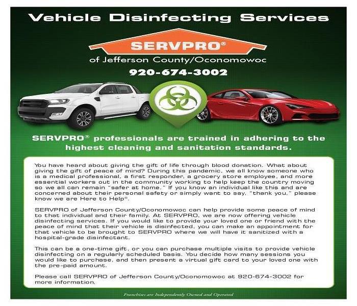 Flyer from SERVPRO promoting vehicle disinfecting service