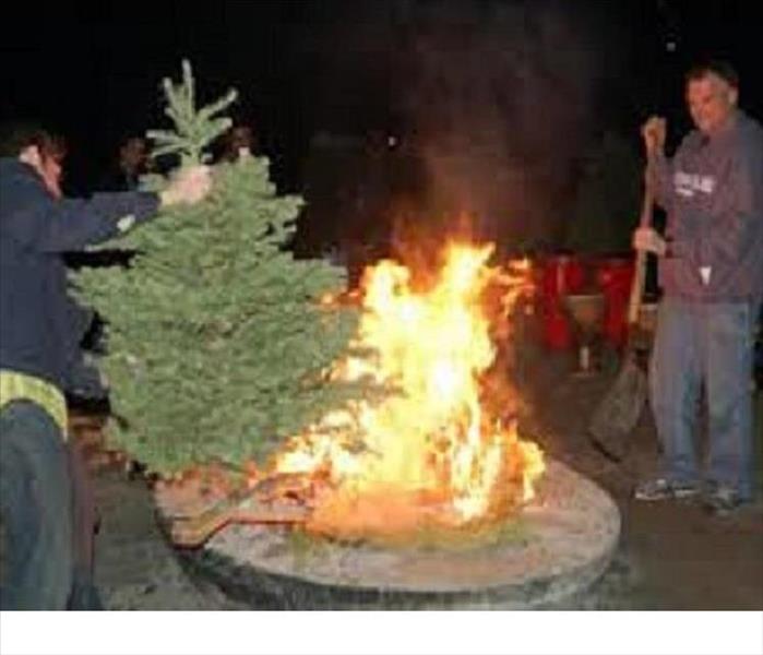 Two people around an outdoor fire pit burning a Christmas tree
