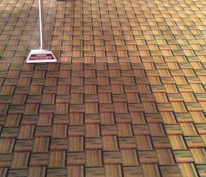 A machine cleaning a beige patterned carpet